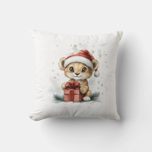 Baby Lejon i Santa Hat med Gift Winter Helgdag Kudde (Framsida)