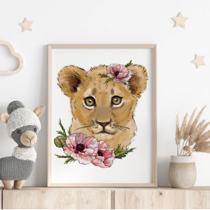 Baby Lejon Rose Djur Poster Väggutskrift