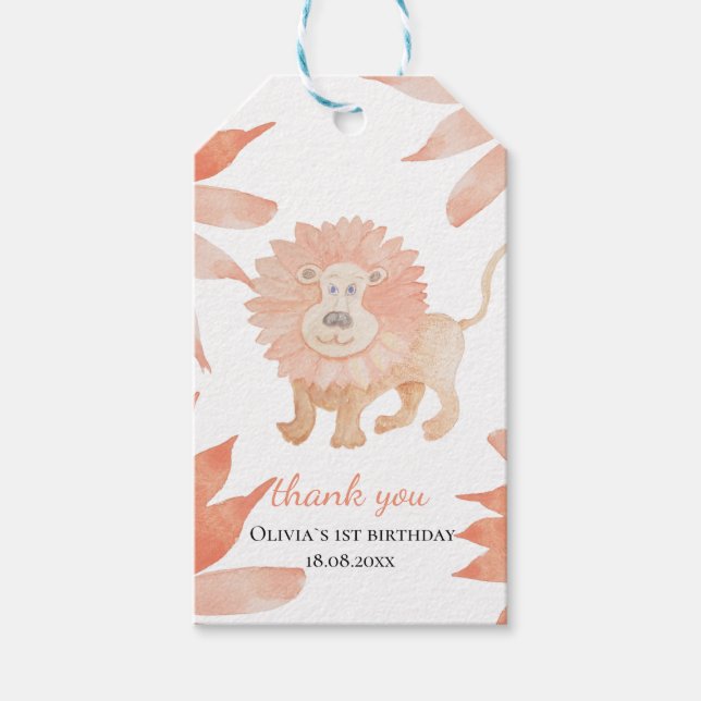 Baby Lejon Vattenfärg Handmålad Monogram Presentetikett (Framsidan)