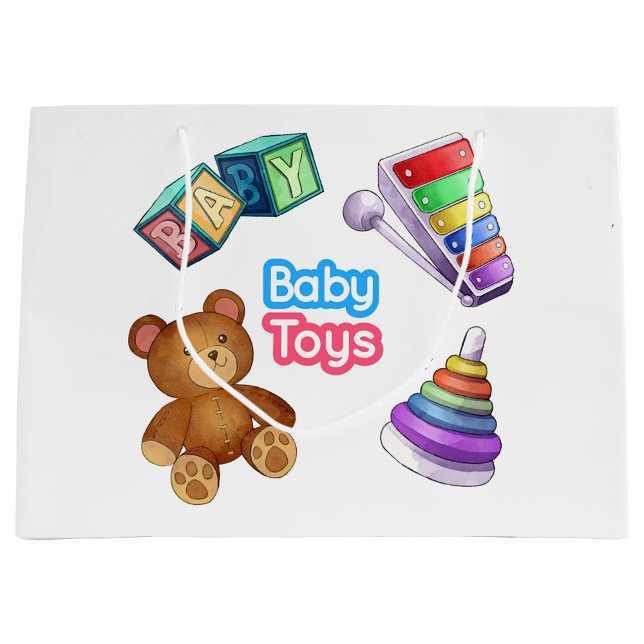Baby Leksaker ( Illustrations of baby toys, including a teddy bear, 
a xylophone and stacking rings!)