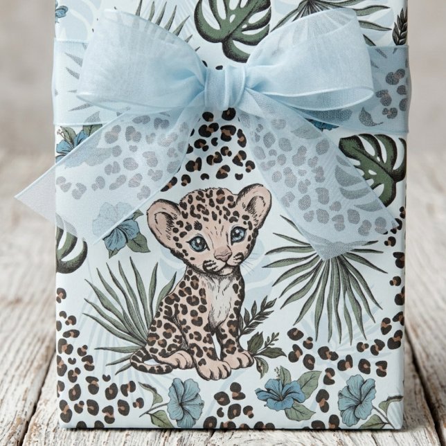 Baby Leopard Blå Safari Barn Djungelmönster Presentpapper (Cute Baby Leopard Cub Animal Print Blue Wrapping Paper. Kids Jungle Safari Theme Boy Birthday Party)