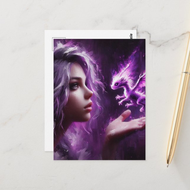 Baby Lila Dragon Vykort (Fram/Back In Situ)