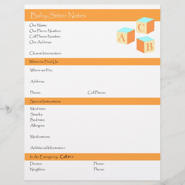 Baby lista över information och instruktioner reklamblad (Framsidan)