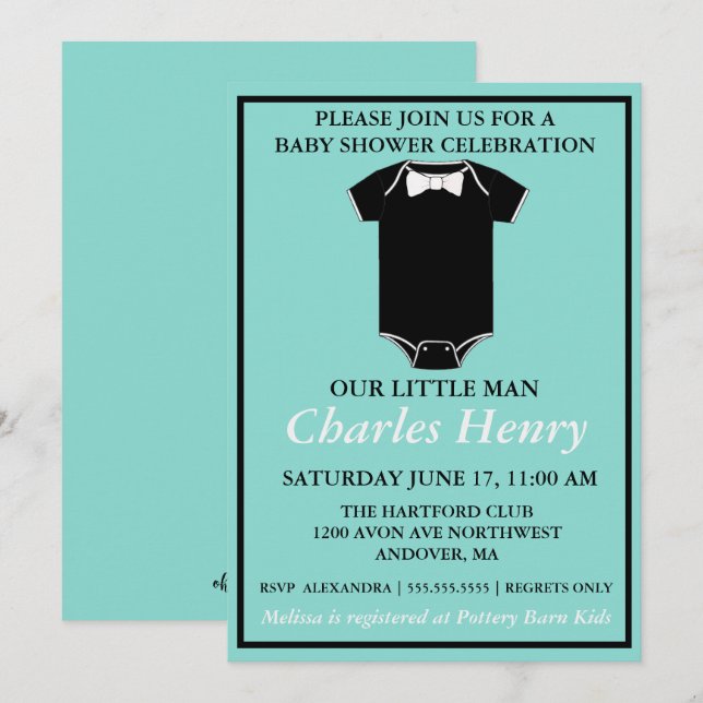 BABY Little Man Tuxedo Sprinkle Shower Party Inbjudningar (Fram/baksida)