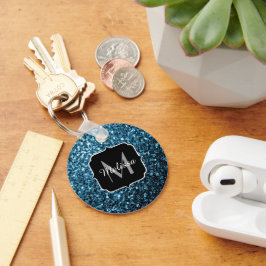 Baby ljusblå falska glittergnist Monogram Nyckelring