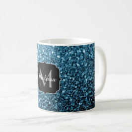 Baby ljusblå falskt glitter gnistrar Monogram Kaffemugg