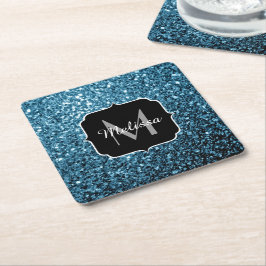 Baby ljusblå falskt glitter gnistrar Monogram Underlägg Papper Kvadrat