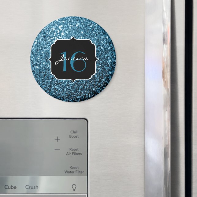 Baby ljusblå faux glitter-sparkles Sweet 16 Magnet (In Situ (Fridge))
