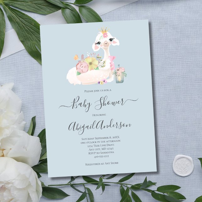Baby Llama Flowers White Blue Shower Inbjudningar (Blue White Baby Boy Llama Baby Shower Invitation)