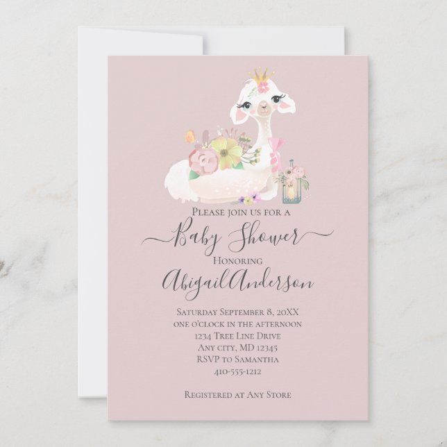 Baby Llama med vit och Rosa Flowers Adsible Inbjudningar (Framsida)