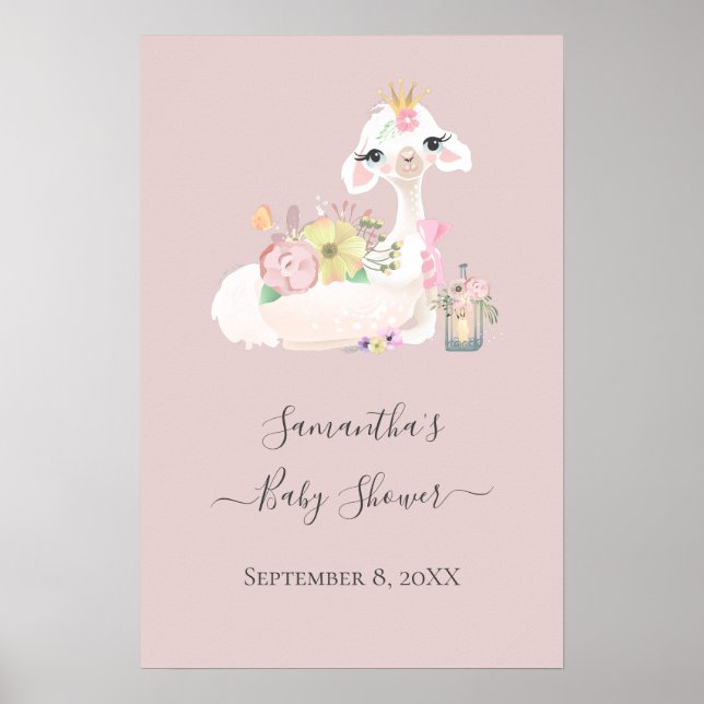 Baby Llama med vit och Rosa Flowers Adsible Poster (Framsidan)