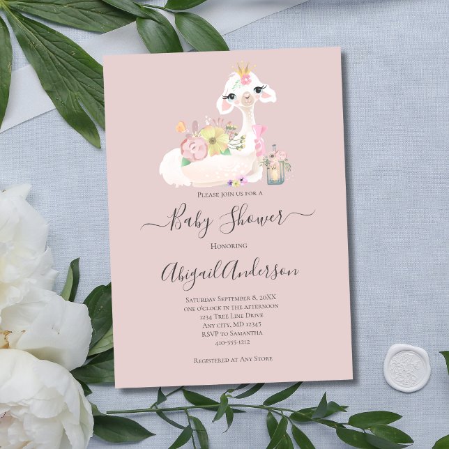 Baby Llama White Rosa Flowers Baby Shower Inbjudningar (Llama Pink White Baby Shower Invitation)