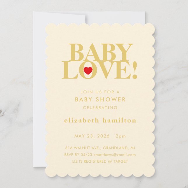 BABY LOVE! Bold Cream Gold Baby Shower Invitation Inbjudningar (Framsida)