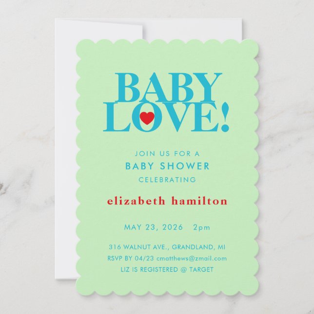 BABY LOVE! Bold Green Blue Baby Shower Invitation Inbjudningar (Framsida)