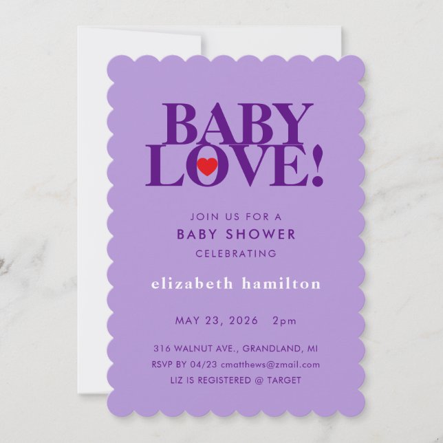 BABY LOVE! Bold Purple Baby Shower Invitation Inbjudningar (Framsida)