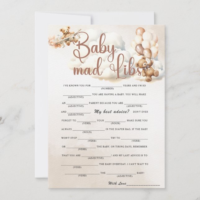 BABY MAD LIBS Baby Shower Game Cute Bear Inbjudningar (Framsida)