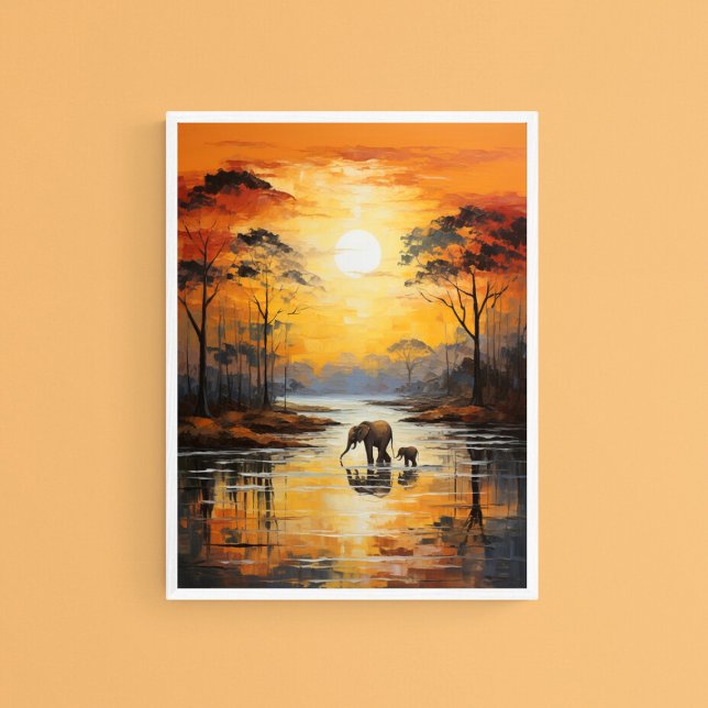 Baby & Mamma Elephant Enjoeing Sunset, Wall Art Poster (Skapare uppladdad)