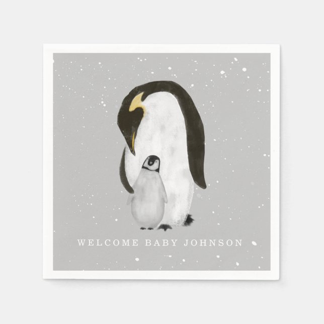 Baby & Mamma Penguin Grått Winter Unisex Baby Show Pappersservett (Framsidan)