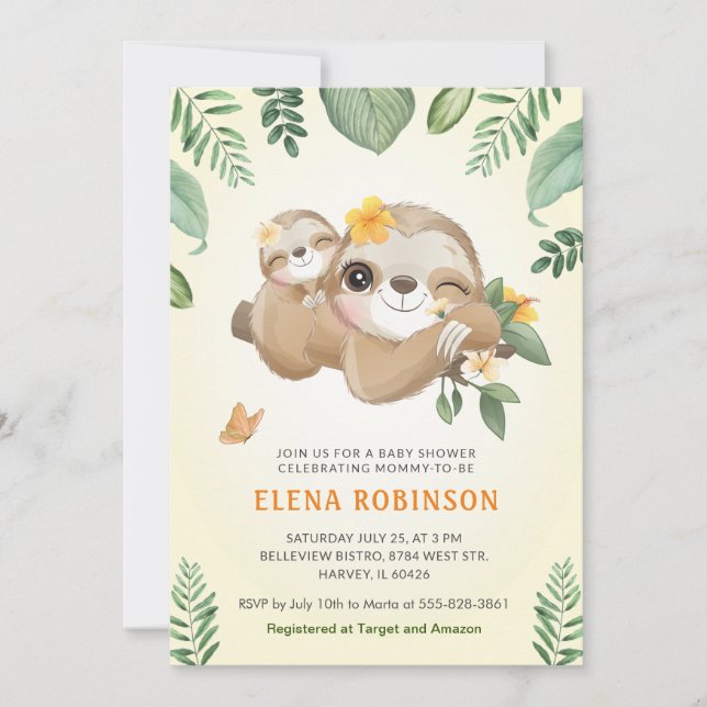 Baby Mamma Sloth Jungle Gender Neutral Baby Shower Inbjudningar (Framsida)