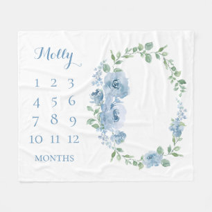 Baby Månader Blå Blommig Monogram Fleecefilt