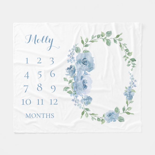 Baby Månader Blå Blommig Monogram Fleecefilt (Framsidan (Horisontell))
