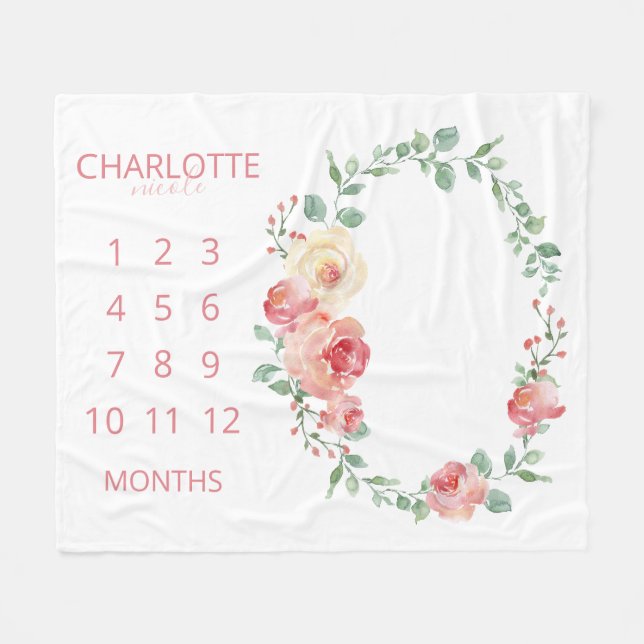 Baby Månader Blush Rosa Blommig Monogram Fleecefilt (Framsidan (Horisontell))