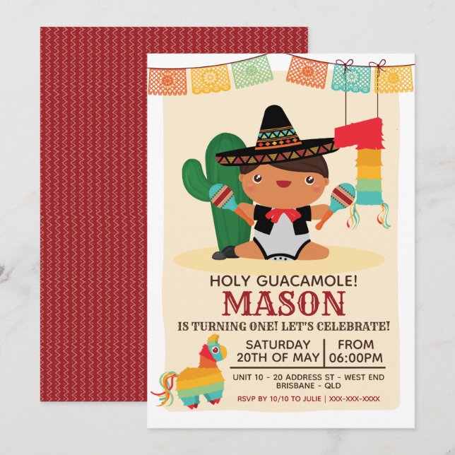Baby Mariachi Heliga Guacamole Ett års inbjudan (Fram/baksida)
