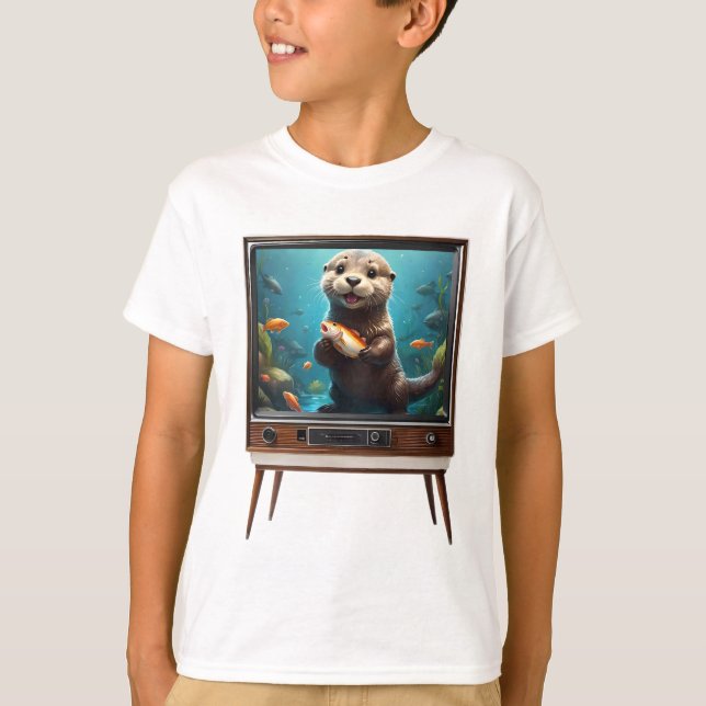 Baby med fisk på analog television, t shirt (Framsida)