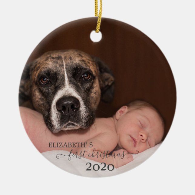 Baby med Hund,Första jul,Foto Julgransprydnad Keramik (Framsidan)