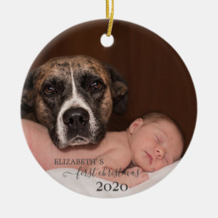 Baby med hund, Första julen, Foto Julgransprydnad Keramik