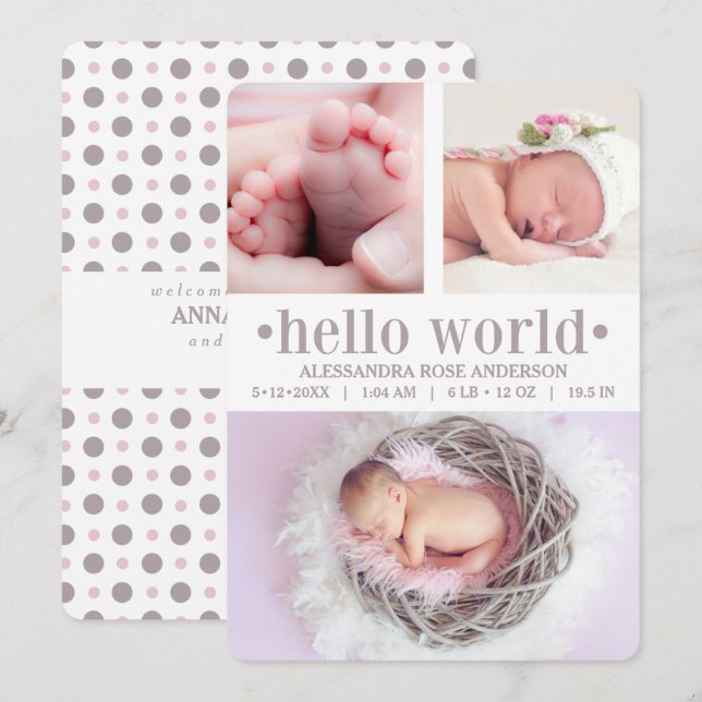 Baby-meddelande Hej World Taupe/Rosa 3 Photo Meddelande (Fram/baksida)