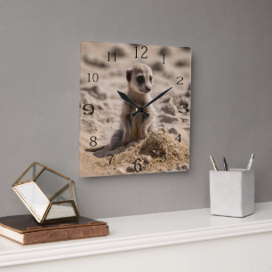 Baby Meerkat spelar i Sand. Fyrkantig Klocka