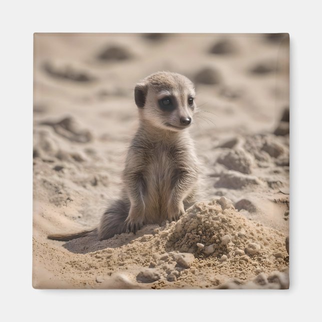 Baby Meerkat spelar i Sand. Magnet (Framsidan)