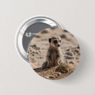 Baby Meerkat spelar i sanden. Knapp