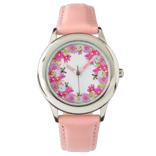 Baby Meerkats and Flowers, Girl Rosa Leather Watch Armbandsur