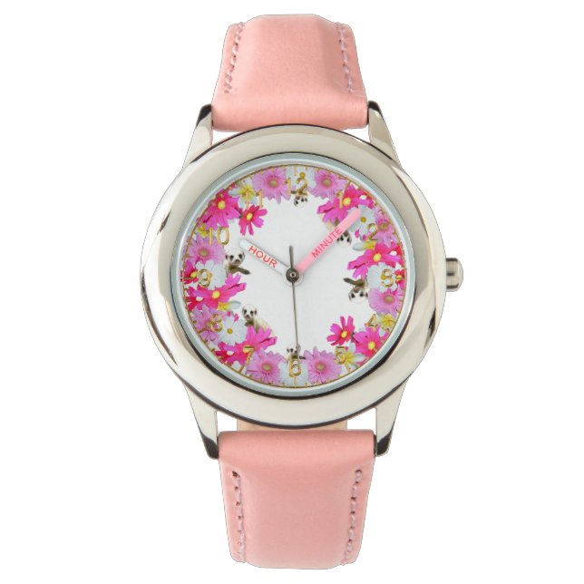 Baby Meerkats and Flowers, Girl Rosa Leather Watch Armbandsur (Framsida)