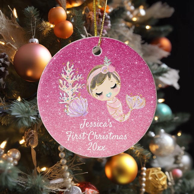 Baby Mermaid Första julen Glitter rosa Julgransprydnad Keramik (Skapare uppladdad)