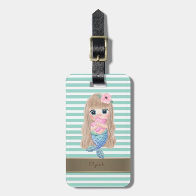 Baby Mermaid Mint Vita Ränder Bagagebricka (Vertikal Framsida)