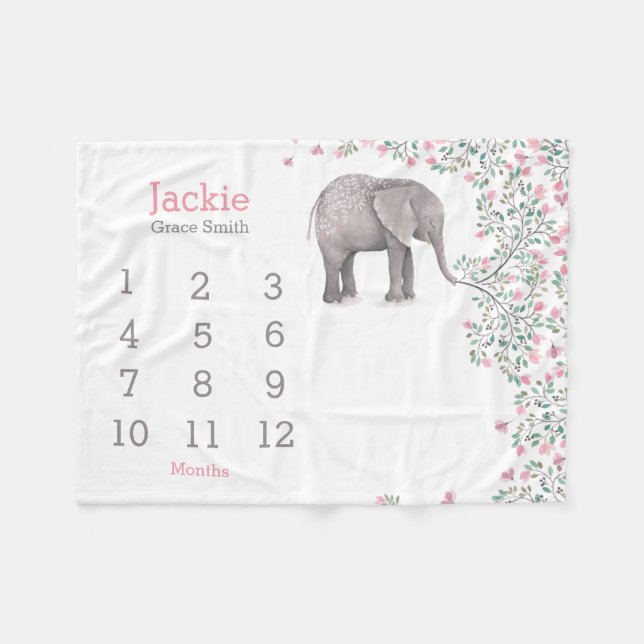 baby mijlpaal deken met lieve olifant roze grijs fleecefilt (Framsidan (Horisontell))