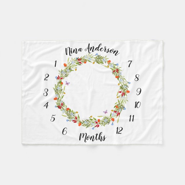 baby mijlpaal deken met veldbloemen en vlindertjes fleecefilt (Framsidan (Horisontell))