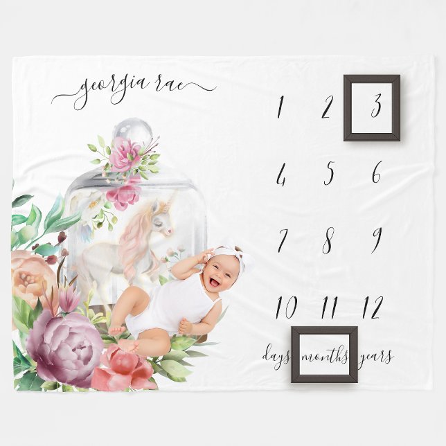 Baby Milestone Blanket | Vattenfärgad Unicorn Fleecefilt (Skapare uppladdad)