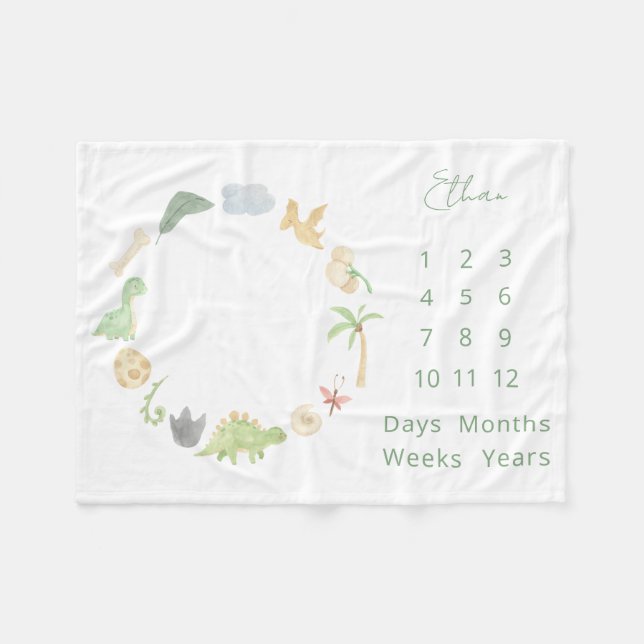 Baby Milestone Dinosaurs Kön Neutral vattenfärg Fleecefilt (Framsidan (Horisontell))