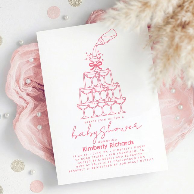 Baby Milk Bottle Champagne Tower Funny Baby Shower Inbjudningar (Funny Hand Drawn Whimsical Pink Baby Shower Invitation Champagne Milk Tower)
