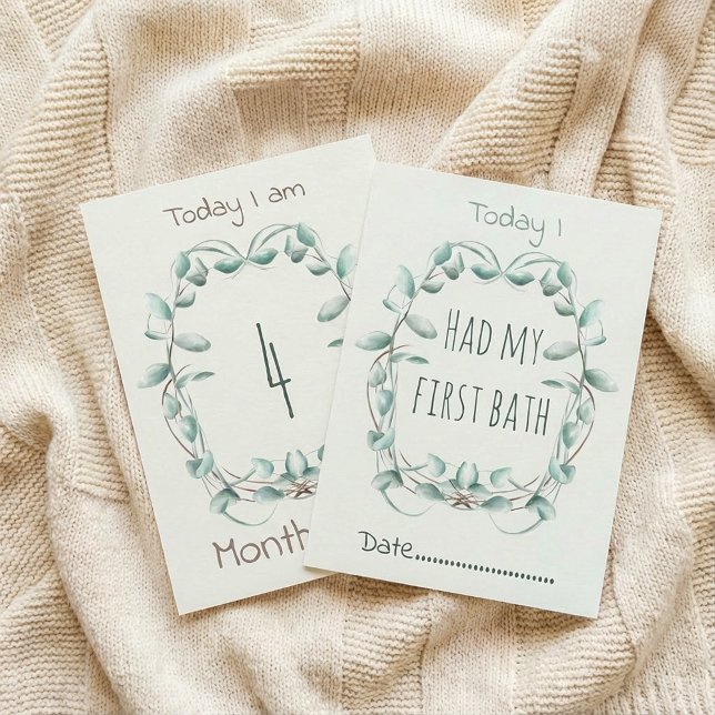 Baby-milstolpe-blommigten i gräns vid dubbla inbjudningar (Double sided Baby Milestone Card floral border.)
