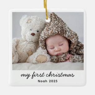 Baby Mitt första julfoto Modern Script Namn Julgransprydnad Keramik