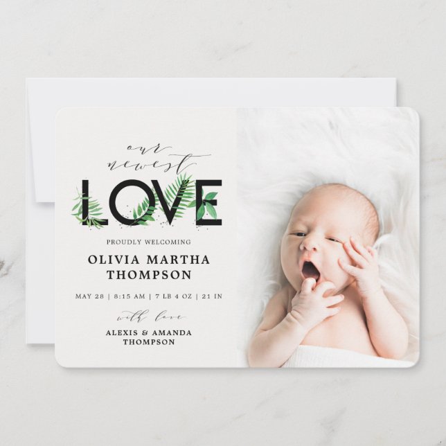 Baby Modern Tropical Greenery Photo Birth Meddelande (Framsida)