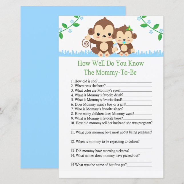 Baby Monkey Hur mycket vet du om baby shower-spel (Fram/baksida)