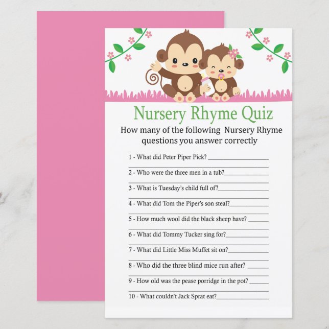 Baby Monkey Nursery Rhyme Quiz baby shower spel (Fram/baksida)