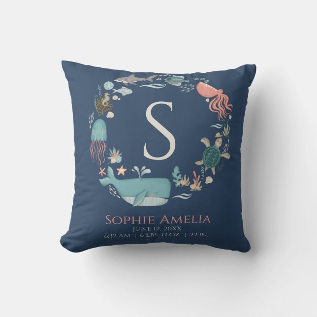 Baby Monogram Birth Stats Blue under Sea Kudde (Framsida)