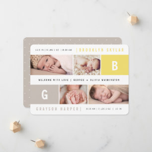Baby Monogram Pojke Flicka Tvillingar Gul 4 Foto F Meddelande
